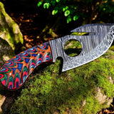 Gut Hook Skinning Knife – 7.25" Damascus Steel Blade with Exotic Color Wood Handle