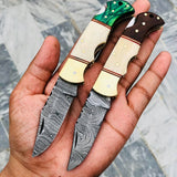 Top Quality Damascus Steel Folding Pocket Knife with Bone-Rosewood and Green Wood Handle, 3 Inches Blade Length