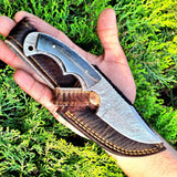 Deer Skinning Knife Custom Handmade Full Tang Fire Damascus Steel with Buffalo Horn Handle, 8-inch - The Blazecrest