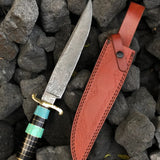 One-of-a-Kind Damascus Steel Bowie Knife - Custom Made, 15" Overall, 10" Blade, Turquoise Handle, Brass Spacers, and Guard