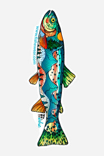 Mt. Cutty fish sticker, colorful cartoon design with teal, orange, and green tones