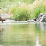 Angler casting from the riverbank with a fly fishing rod