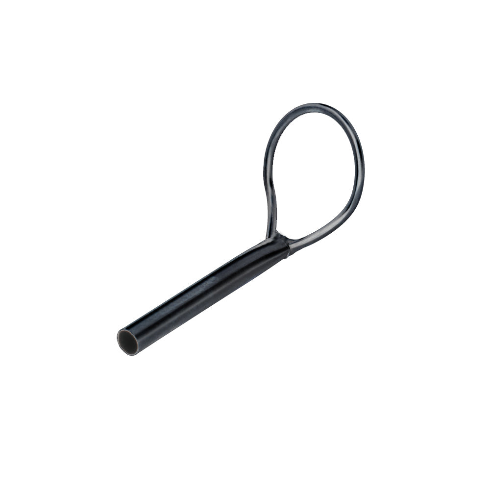 Black metal fly rod tip top guide with looped frame and hollow tube