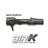 Carbon fiber casting reel seat with woven pattern and ridged metal nut