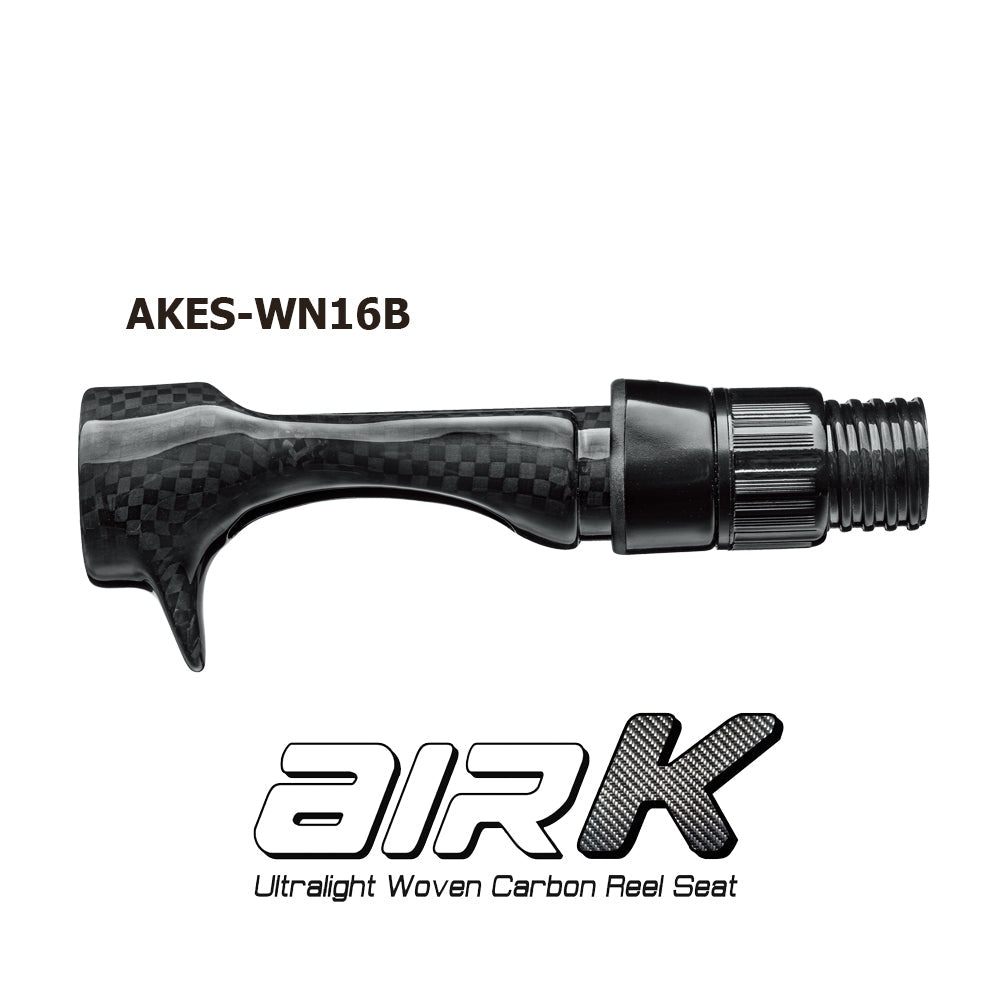 Woven carbon fiber reel seat with black hood and threaded end, dark checkered pattern
