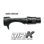 Woven carbon fiber reel seat with black hood and threaded end, dark checkered pattern
