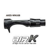 Woven carbon fiber reel seat with black hood and threaded end, dark checkered pattern