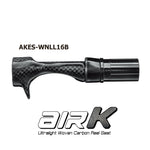 Woven carbon fiber reel seat with black hood and smooth end rings, dark checkered pattern
