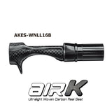 Woven carbon fiber reel seat with black hood and smooth end rings, dark checkered pattern
