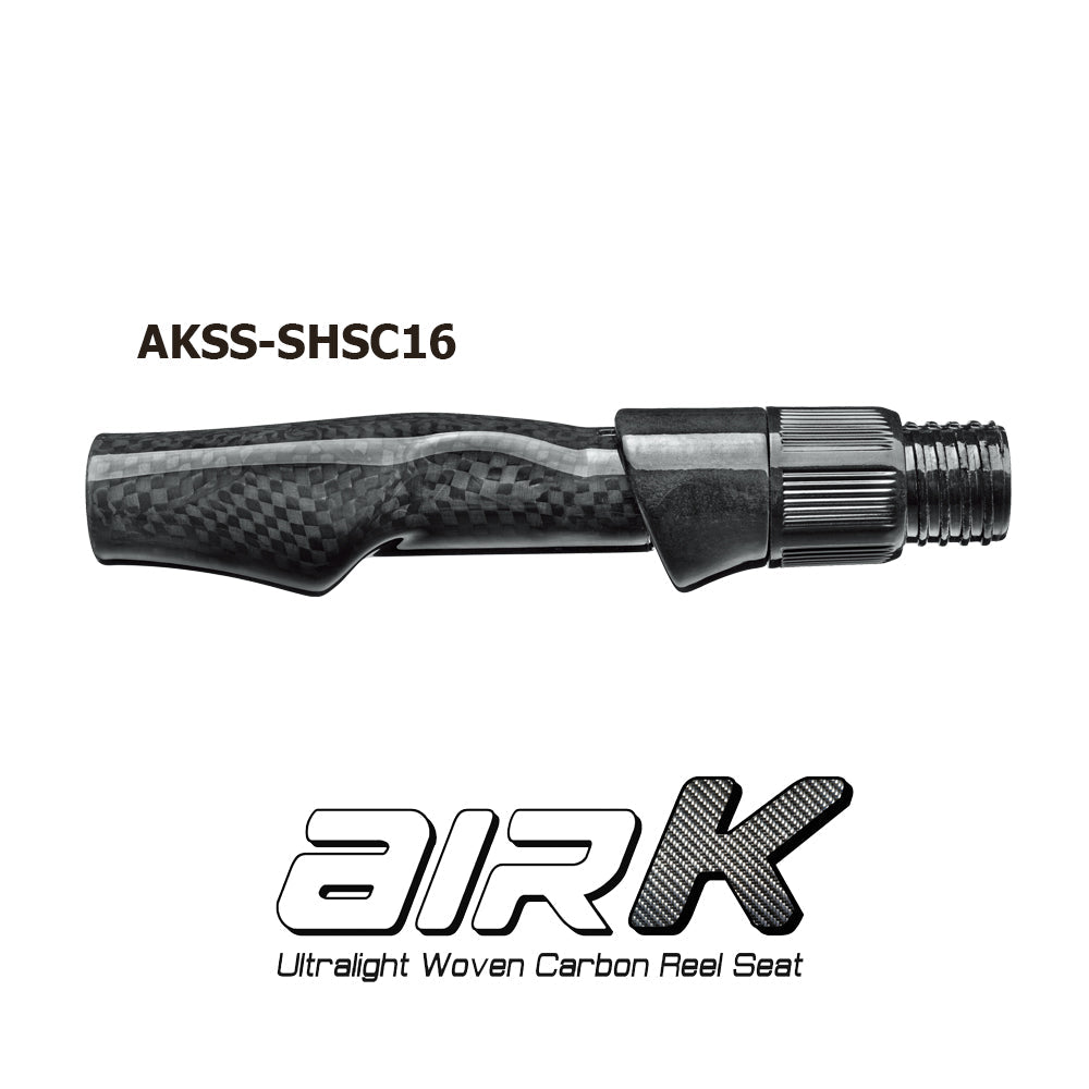 Seaguide air-K woven carbon spinning reel seat, checkered barrel with ribbed hood and threads.