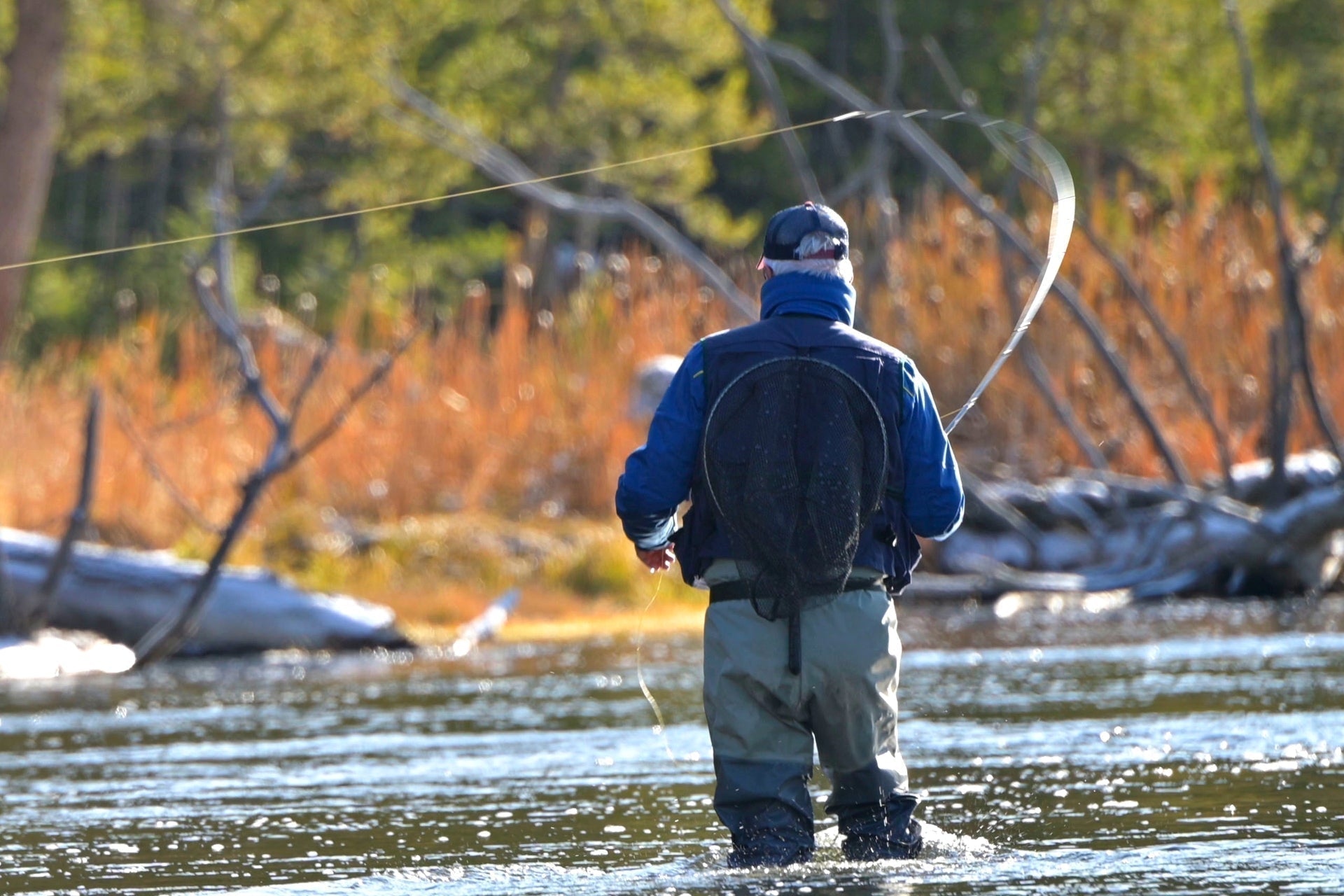 Angler fishing in shallow river, holding a fly fishing rod and line