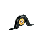 Black boat rod roller guide with gold bearings and mounting feet