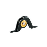 Black boat rod roller guide with gold bearings and mounting feet