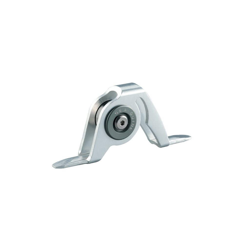 Silver boat rod roller guide with gray bearings and mounting feet