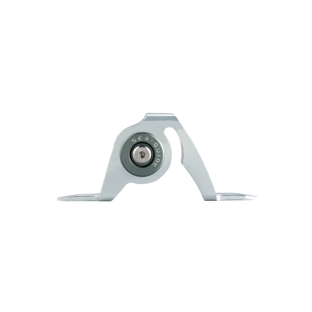 Silver boat rod roller guide with single gray roller and side supports