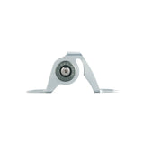 Silver boat rod roller guide with single gray roller and side supports