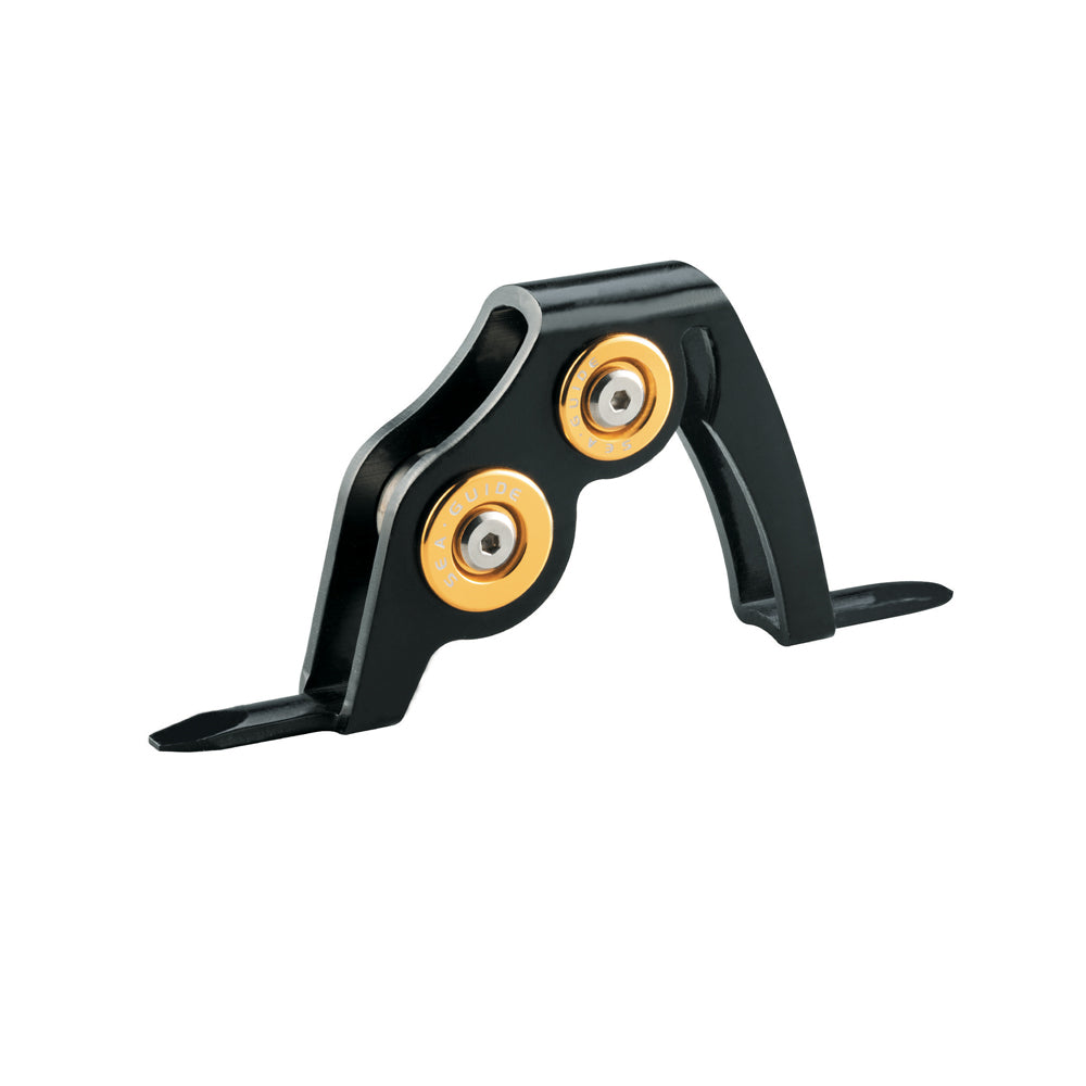 Black boat rod roller guide with two gold-ring bearings and base arms