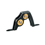 Black boat rod roller guide with two gold-ring bearings and base arms