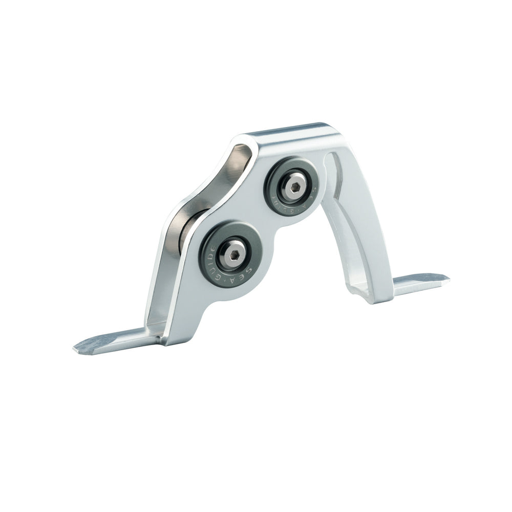 Silver boat rod roller guide with two gray-ring bearings and wide support arms