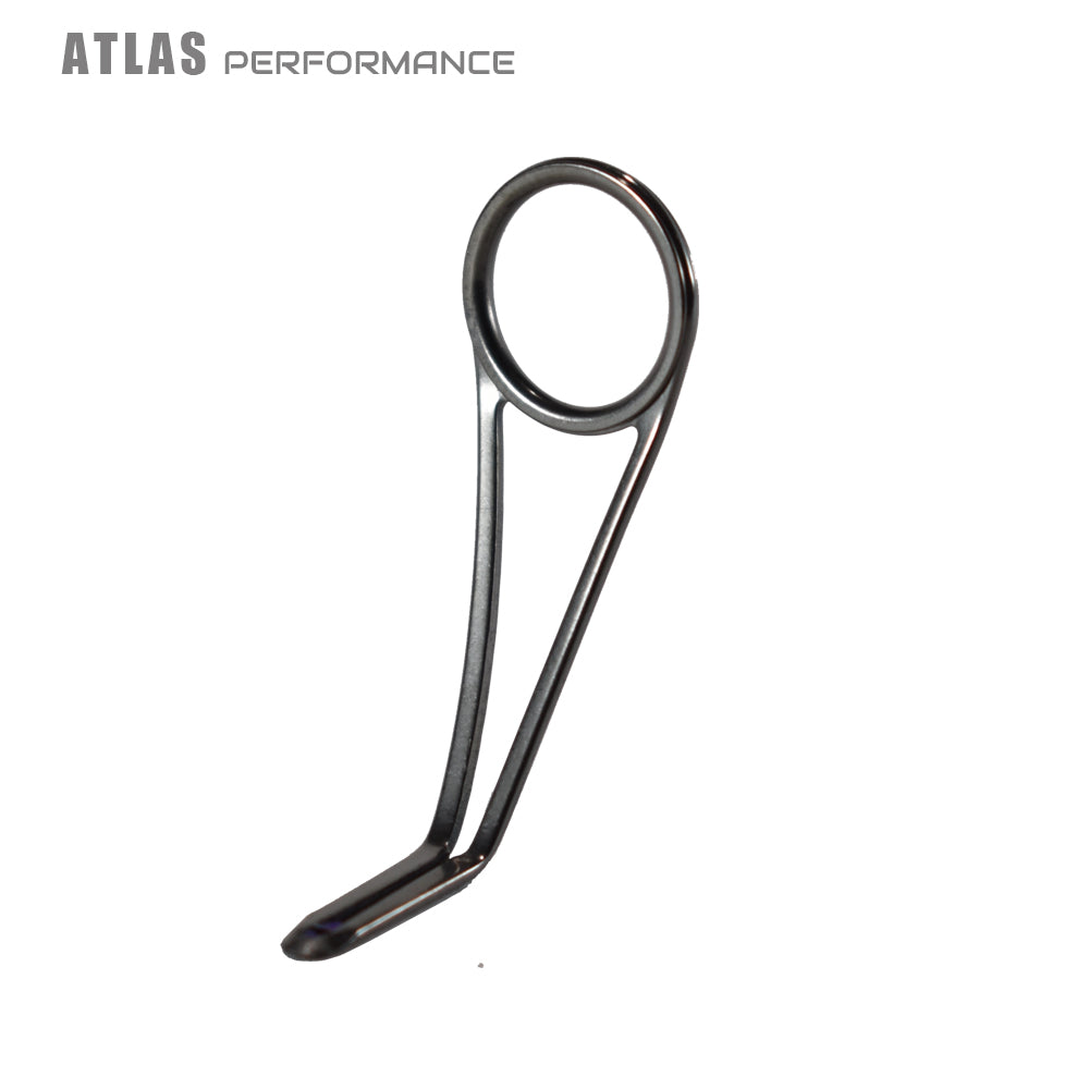 Single-foot fishing line guide with dark frame and polished stainless ring