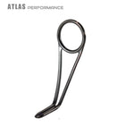Single-foot fishing line guide with dark frame and polished stainless ring