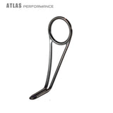 Single-foot fishing line guide with dark frame and polished stainless ring