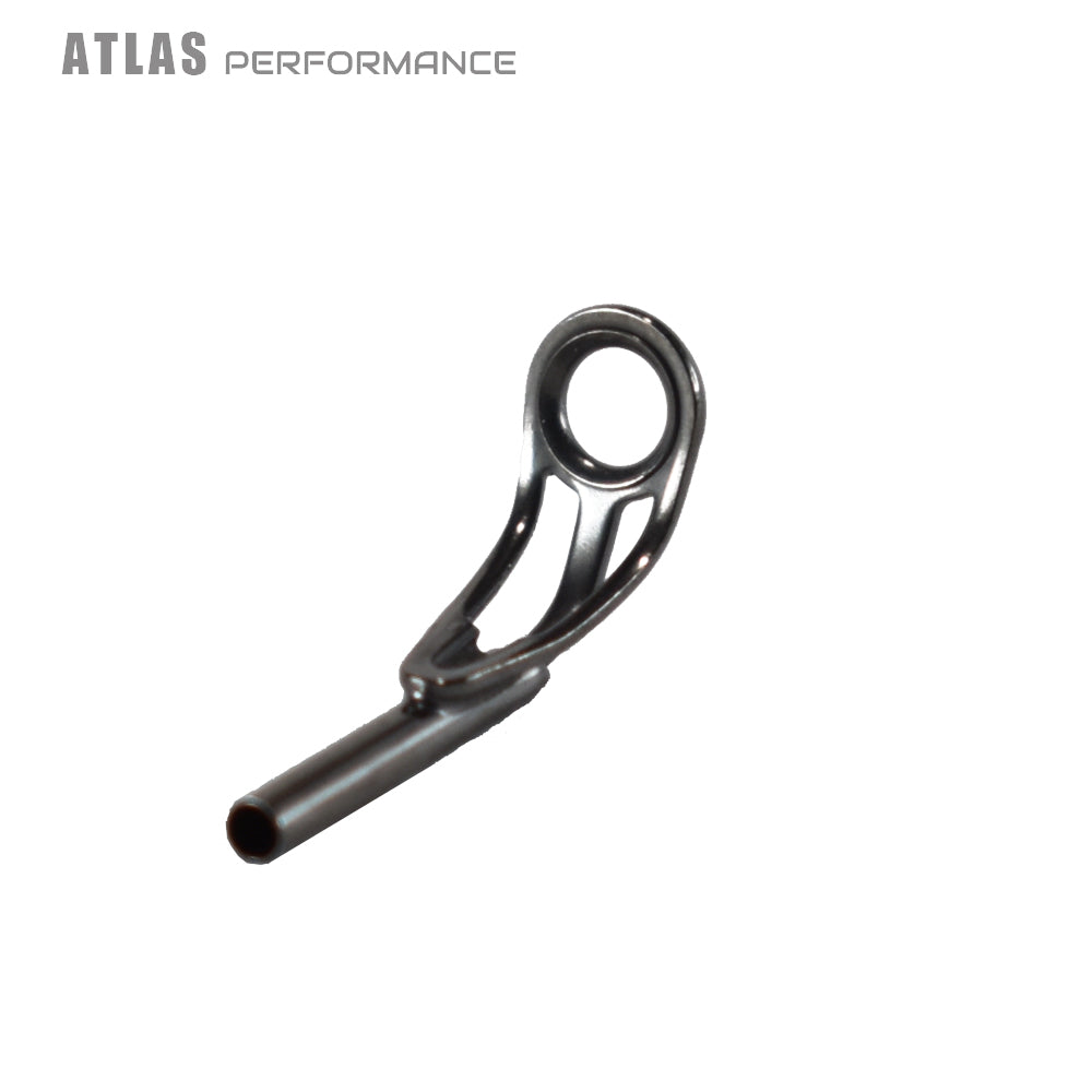 Black fishing rod tip top guide with stainless steel ring, close-up view