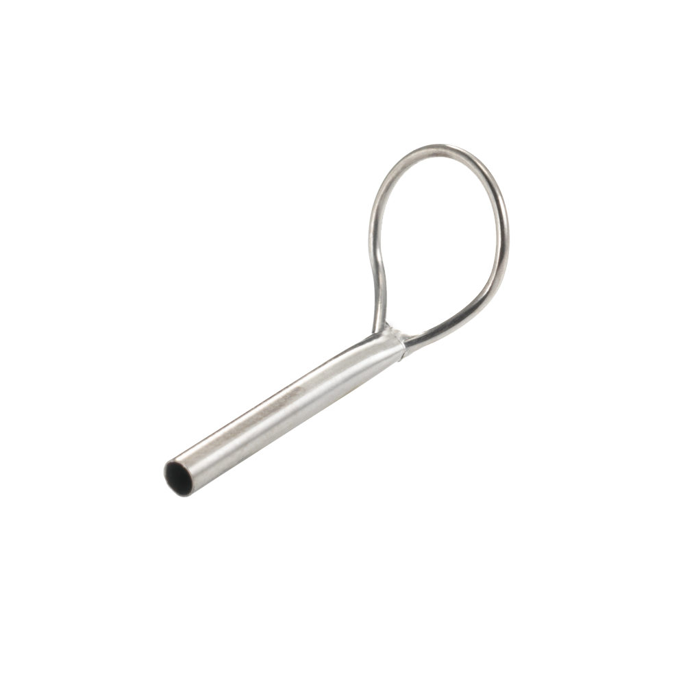 Silver metal fly rod tip top guide with looped frame and hollow tube