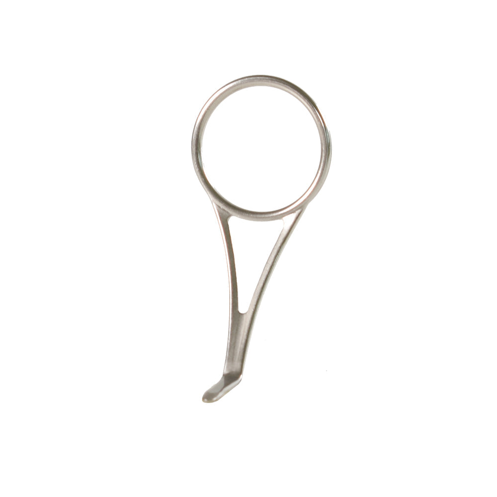Single-foot fishing rod guide with silver frame and polished stainless steel ring