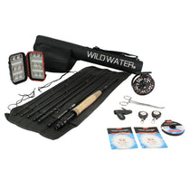 Fly fishing rod kit in black roll case with reel, rod sections, flies, and leader/tippet packs