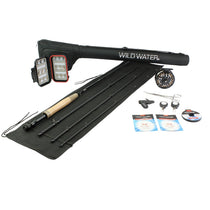 Fly fishing kit with black 4-piece rod, CNC reel, and bundled accessories