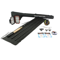 Fly fishing kit with 5/6wt 9ft rod, reel, flies, leaders, and storage roll