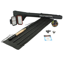 Black 9 ft 4-piece fly fishing rod case with assembled rod, reel, and accessories