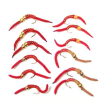 Set of red wet nymph fishing flies with bead heads and gold hooks