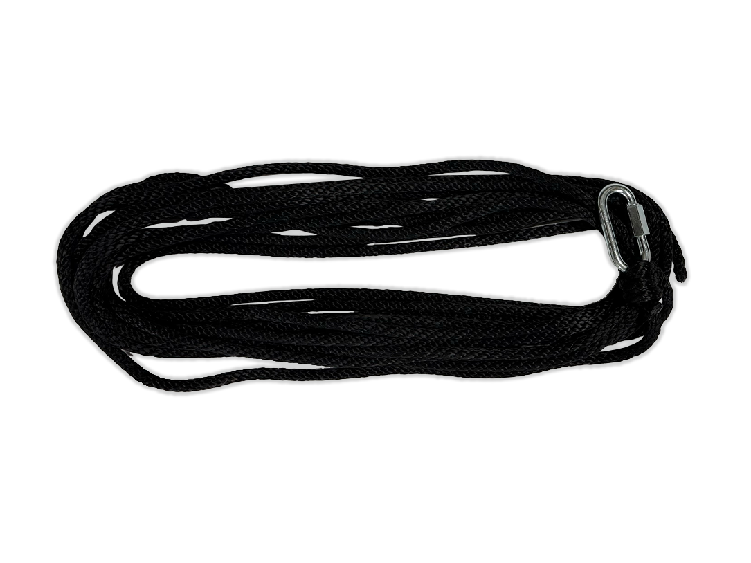 Black anchor rope with metal clip and loop, coiled for storage