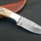Deer Skinning Knife Custom Handmade Full Tang Damascus Steel with Antler Horn Handle, 8-inch - The Horncrest