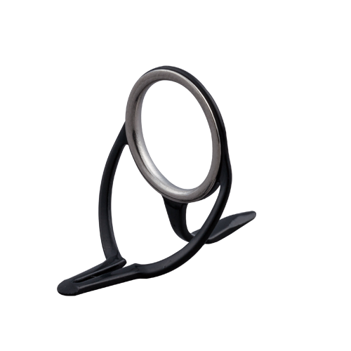 Double-foot rod guide with oval ring and black frame, metallic inner ring detail