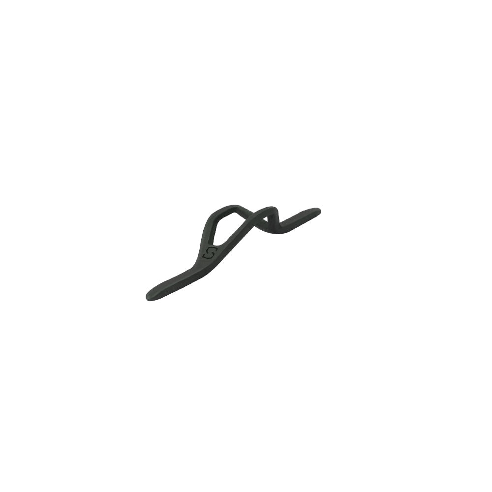 Black metal hook keeper with loop and double-prong base