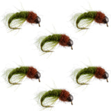 Bead Head Olive Brown Caddis Larva Nymph 6 Flies - Hook Size 14