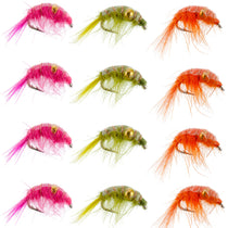 Beaded shrimp scud fly assortment: pink, green, and orange patterns, size 12