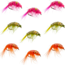 Beaded shrimp scud flies assortment: pink, orange, and green bodies with fine fiber tails