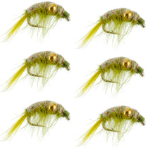 Olive and gold beaded shrimp scud fly set with green/yellow tail, hook visible