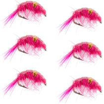 Assorted pink beaded shrimp scud nymph flies, hot pink hackle and bead head