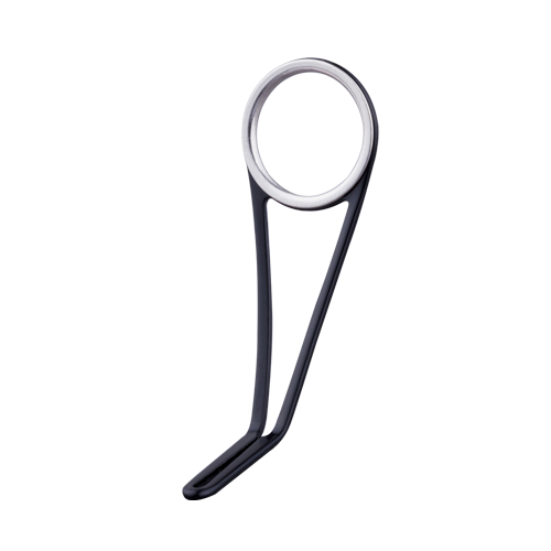 Single-foot fishing line guide with black frame and silver stainless ring