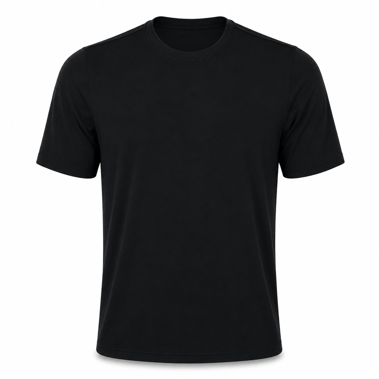 Men's black short-sleeve performance tee with crew neck collar