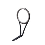 Single-foot fishing rod guide with dark frame and stainless steel ring