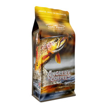 Angler's Coffee dark roast coffee bag with trout graphic, stand-up pouch
