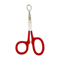 Fishing hook removal tool with red handles, double loop grips, and crocodile-jaw jaws