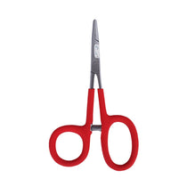 Red-handled tactical scissors with pointed metal blades, side view