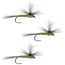 Set of three olive parachute dry flies with blue wings and hooks, isolated.